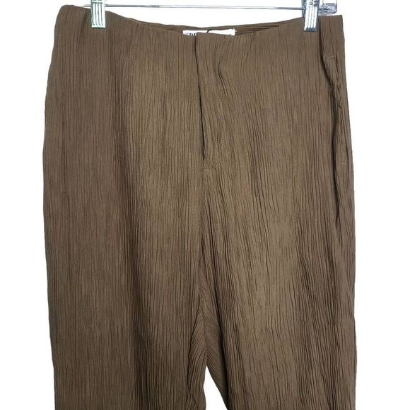 NEW ZARA Crinkle High Waist Olive Green Brown Trousers Pants Size Small - Picture 2 of 8